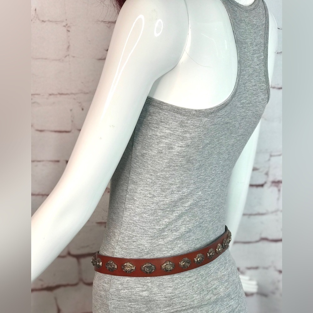 1980s Vintage NEIMAN MARCUS Brown Leather Pewter Cowgirl Conch Belt Size Large - Picture 3 of 16